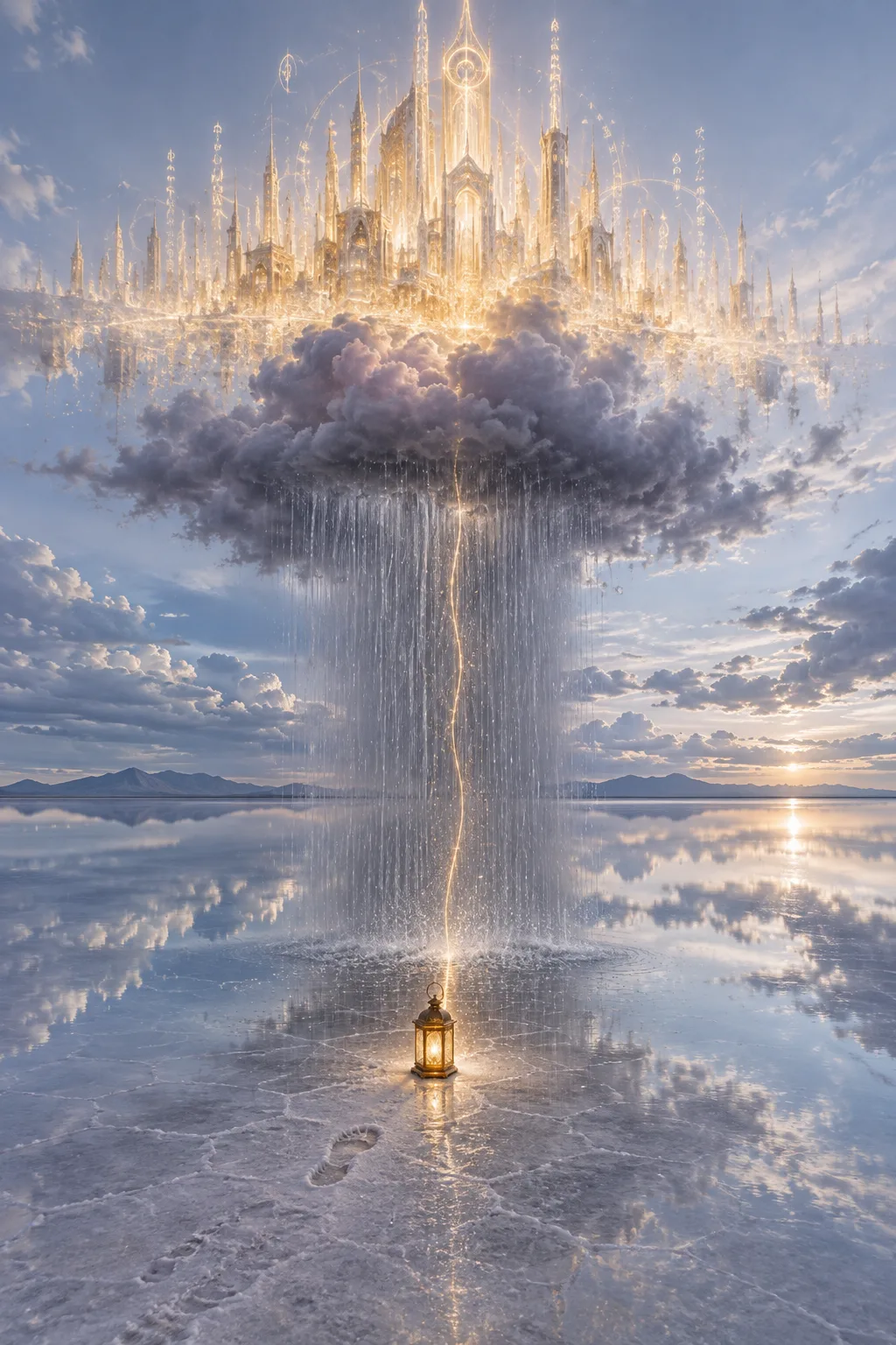 A vast, luminous salt flat under an enormous pale sky, tall portrait composition. In the upper …