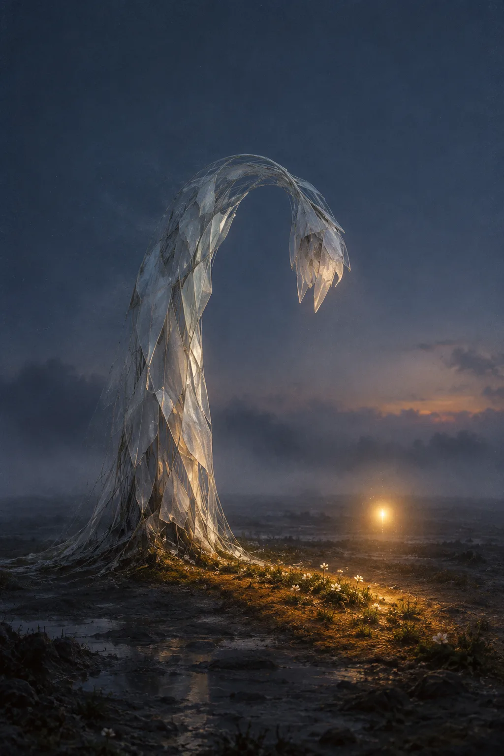 A tall, slender, translucent form standing alone in a vast dusk-blue emptiness, shaped like a sunflower …