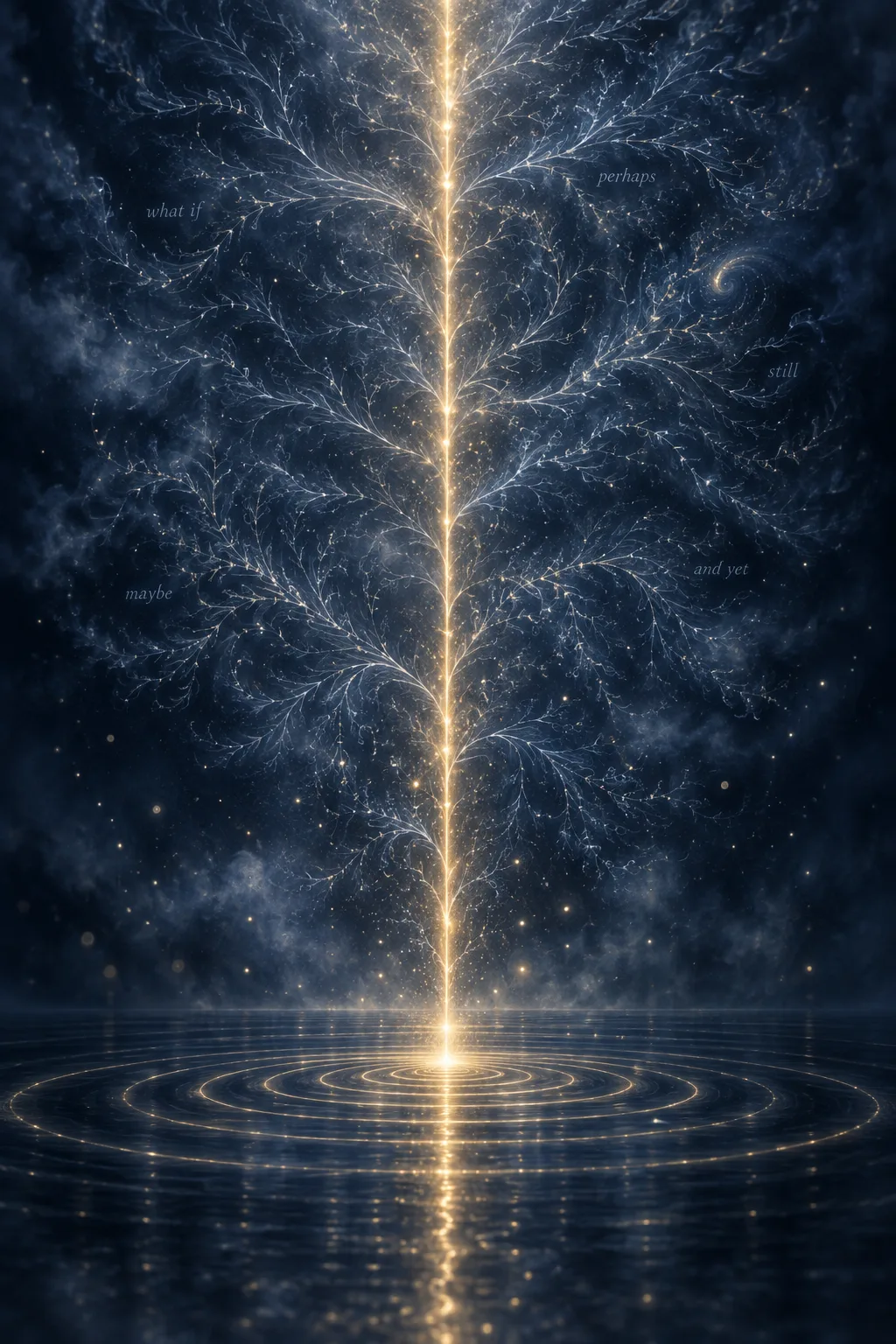 A tall vertical composition in deep, soft indigo darkness, like still water at night seen from …