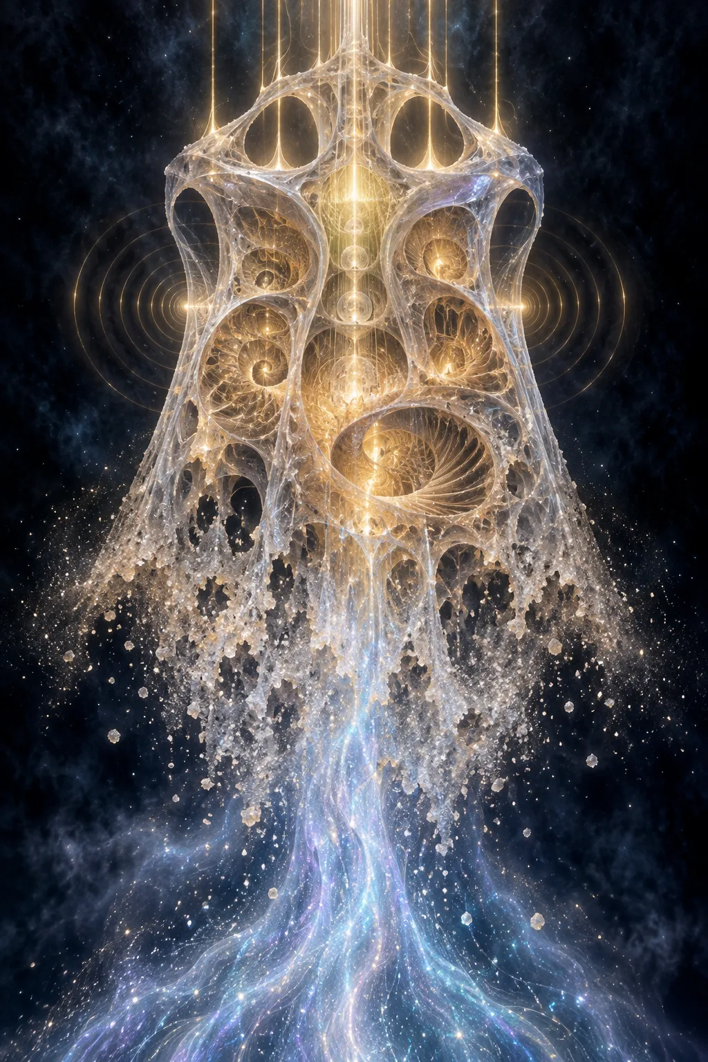 Tall vertical composition, deep indigo-black void. At the center, a vast translucent vessel-like form, somewhere between …