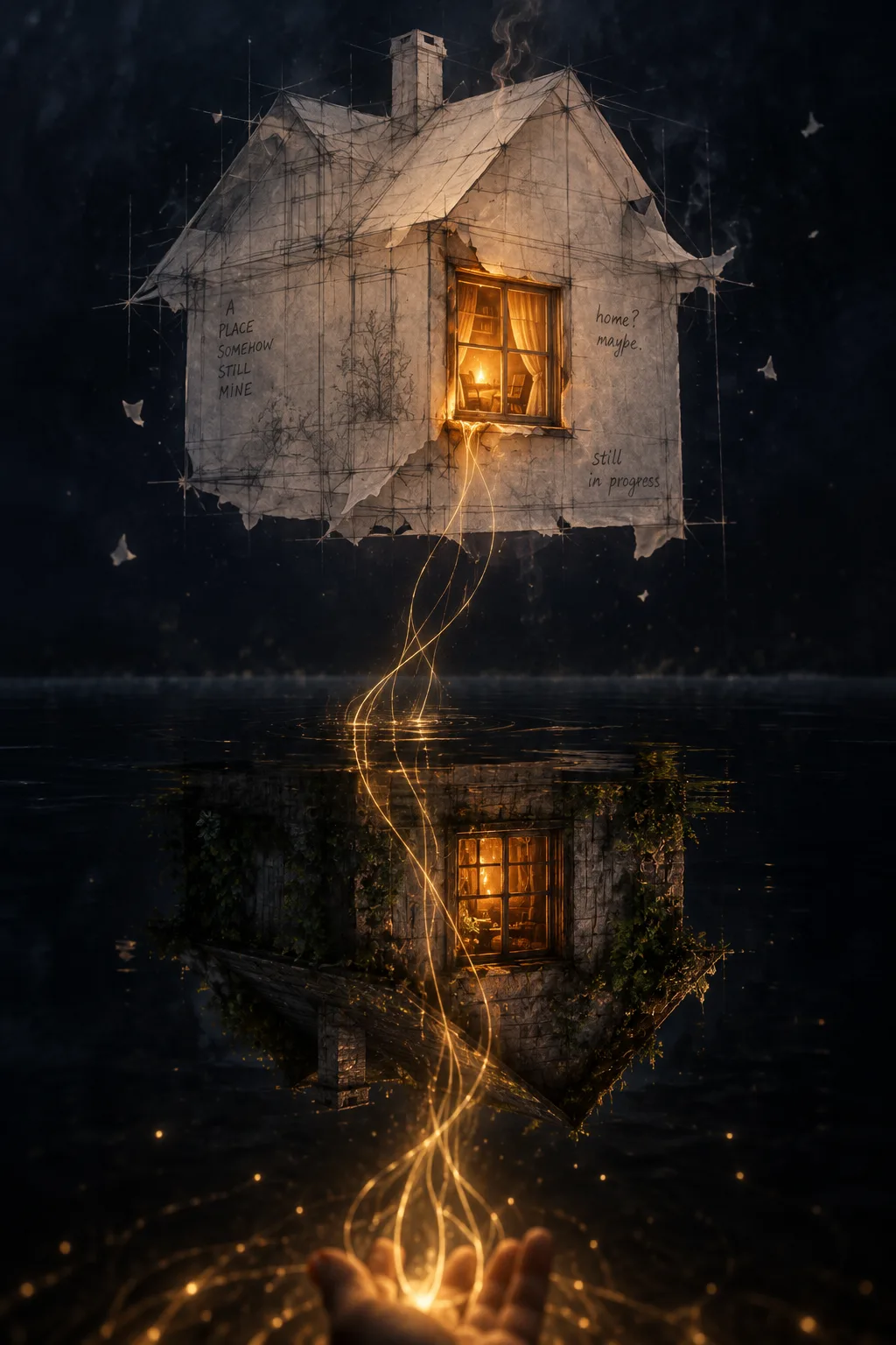 Tall vertical composition. In the upper two-thirds, a small childhood house floats in a vast deep-indigo …