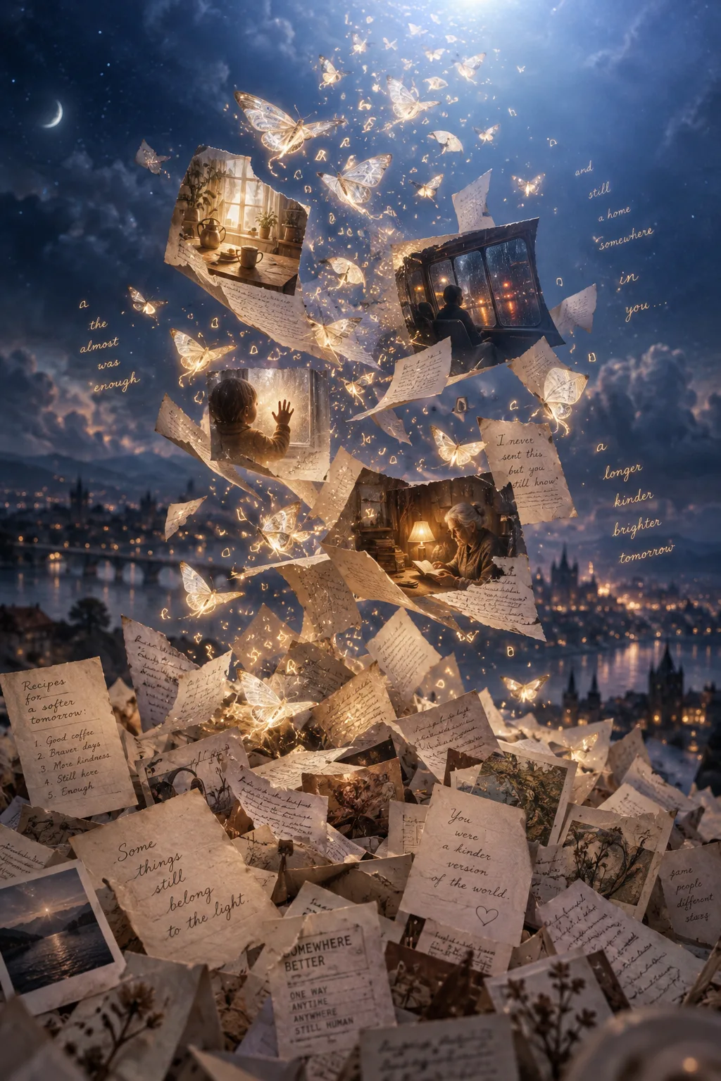A tall, vertical dreamscape in deep indigo twilight. From the bottom of the frame, an immense …