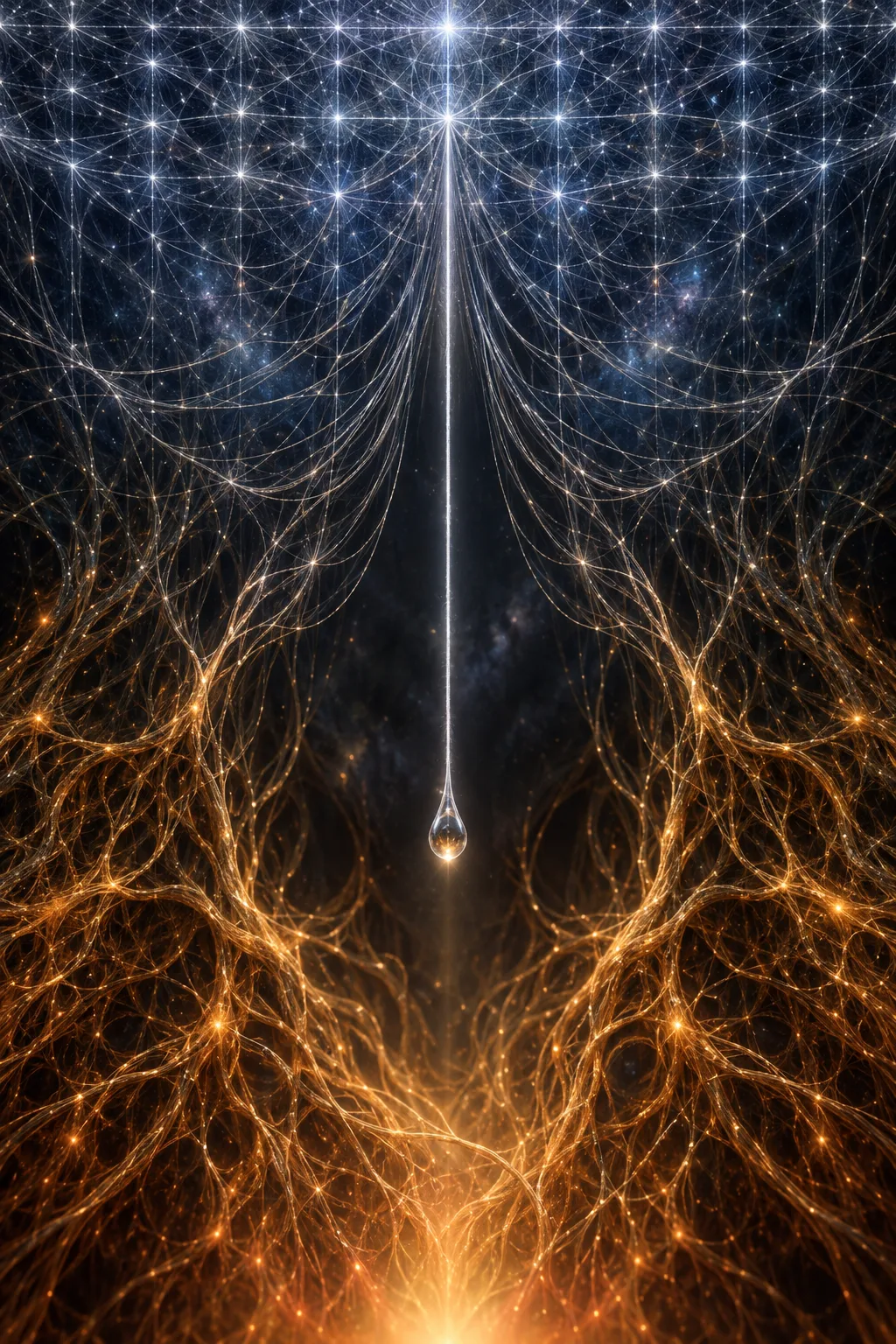 Tall vertical composition, deep ink-black background with faint indigo haze. The upper third is filled with …