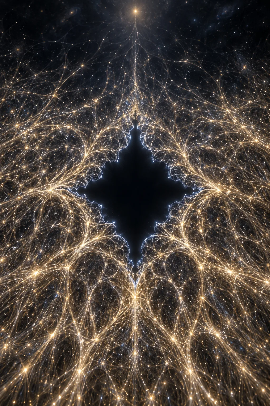 A tall vertical composition of a vast, dim, luminous lattice filling the frame from bottom to …