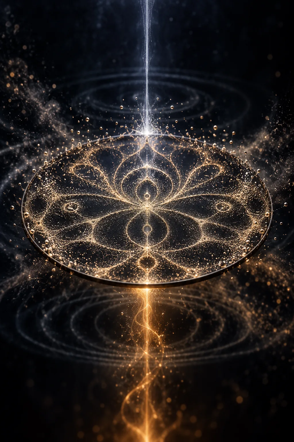 A tall vertical composition, deep near-black indigo background. At the center floats a thin, dark, circular …