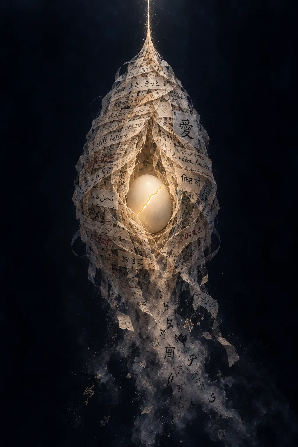 A towering vertical cocoon suspended in deep blue-black void, woven from thousands of thin translucent strips …