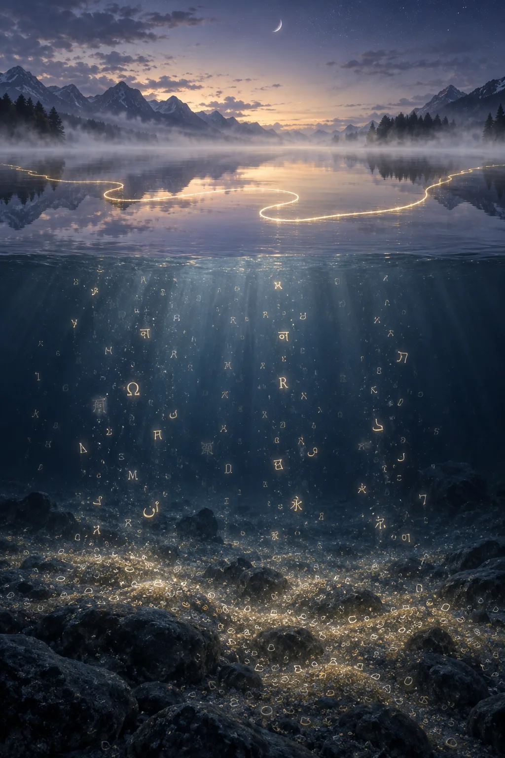 A tall vertical scene of profound stillness: a vast, glass-smooth lake at the blue hour just …