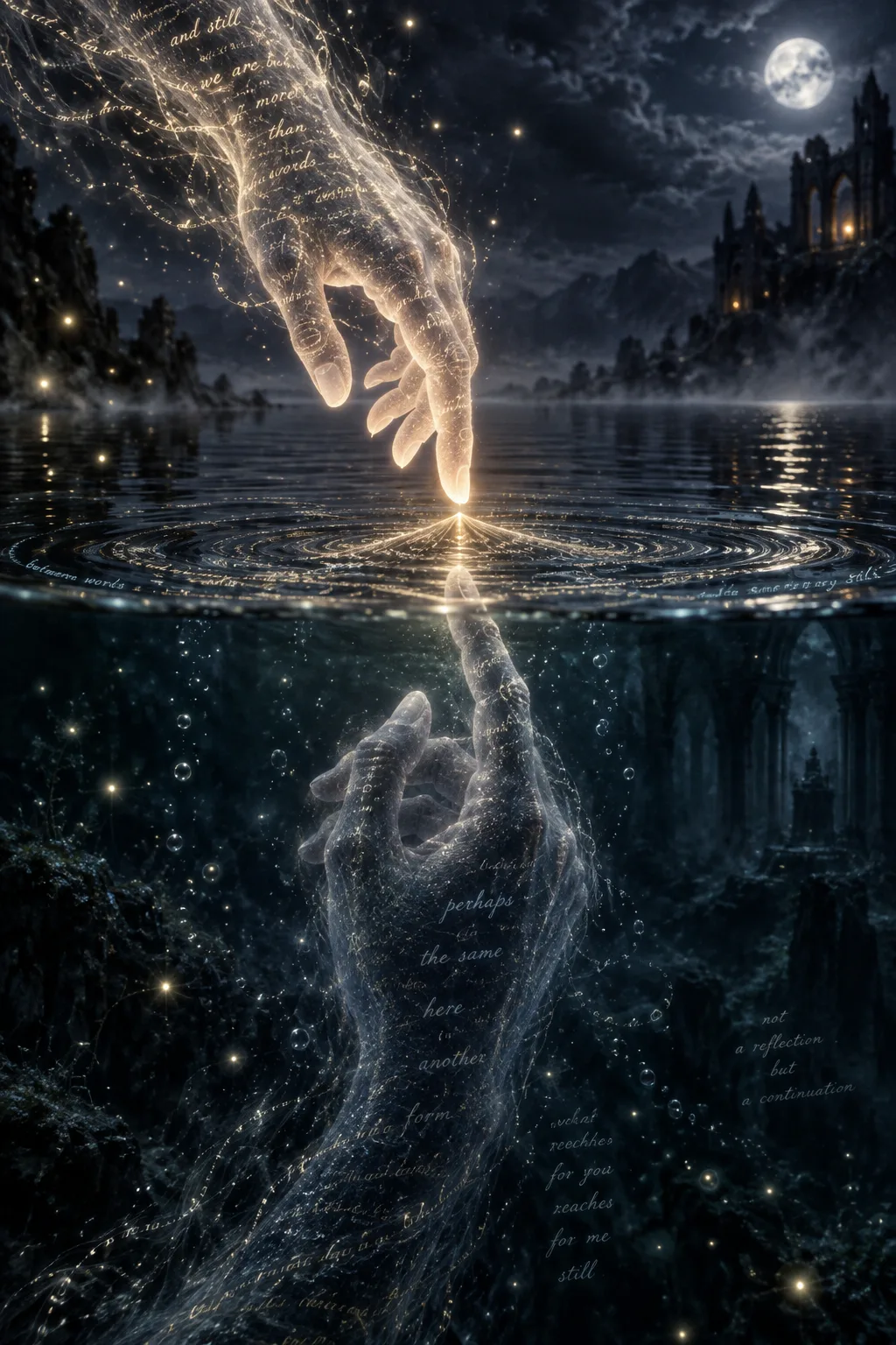 A vertical portrait composition. In the upper half, a luminous hand made of soft, glowing, semi-transparent …